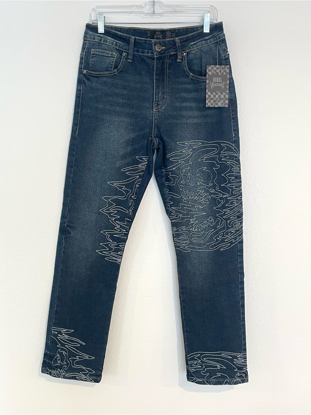 Rebel Vengeance Men's 30 Dark Blue Embroidered Skull Jeans